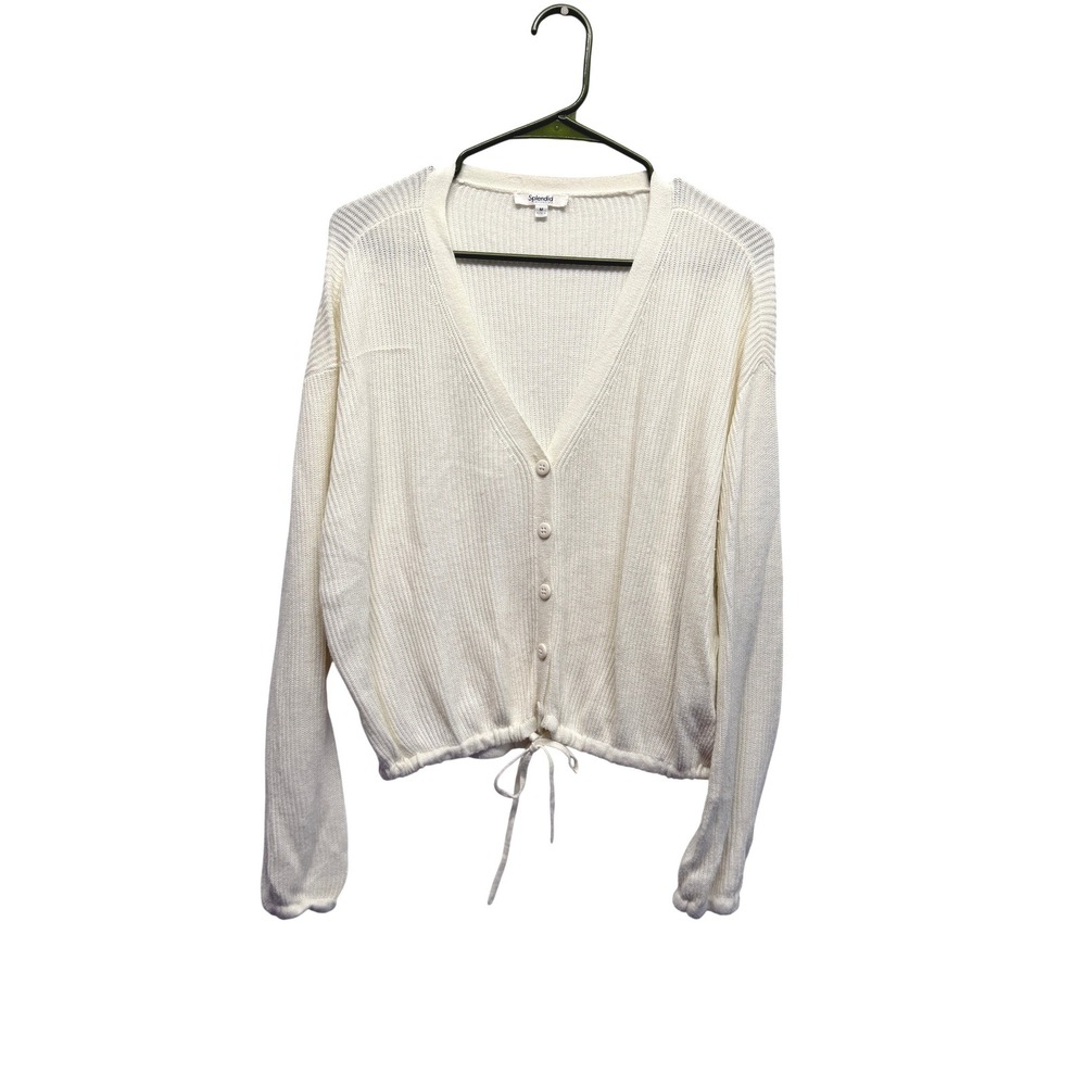 Splendid Off White Ribbed Drawstring Hem Cashmere Blend Cardigan Sweater Medium